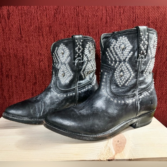 Frye Distressed Black Billy Stud Short Cowboy Boots/Booties - Picture 2 of 6
